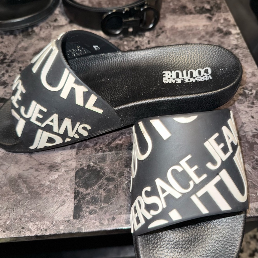 Versace Jeans Collection Black and White Logo Slide Sandals